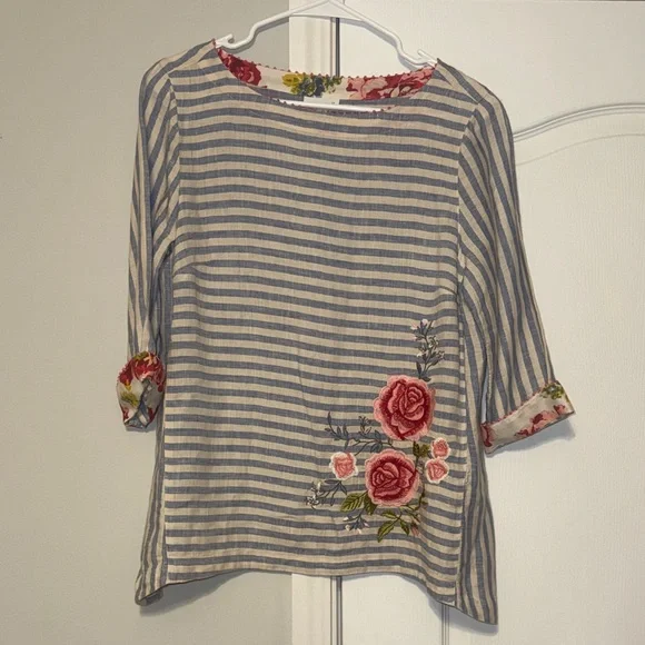 J. Jill Blue and White Striped Blouse with Floral Embroidery - Picture 1 of 4